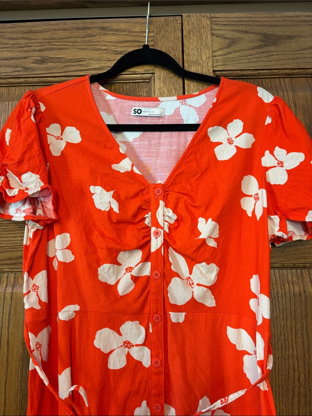 SO Orange Floral Button-Front Tie-Waist Dress - Picture 3 of 8